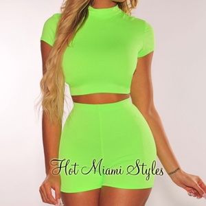Neon Lime Mock Neck Shorts Two Piece Set